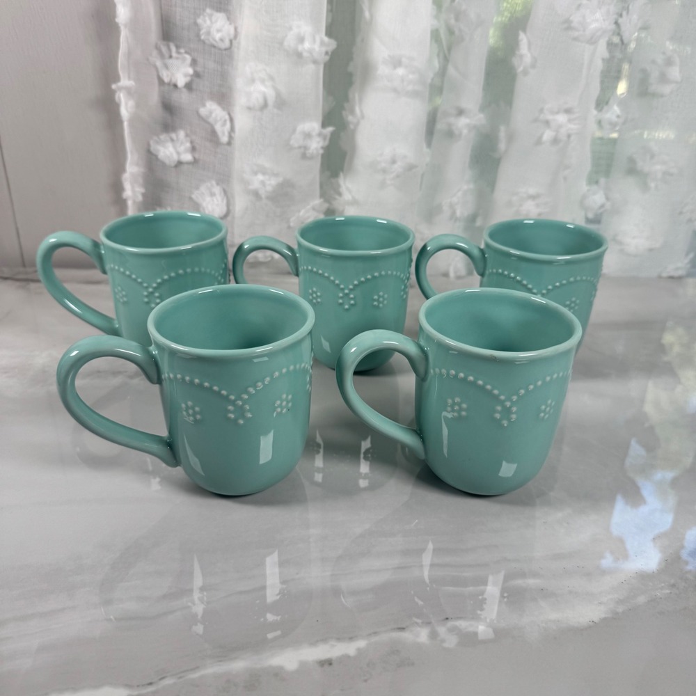 Food Network‎ Fontinella Aqua Stoneware Mugs Set of 5 Embossed Discontinued